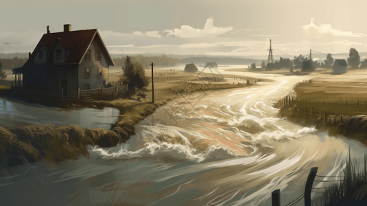 村镇汹涌的河流插画