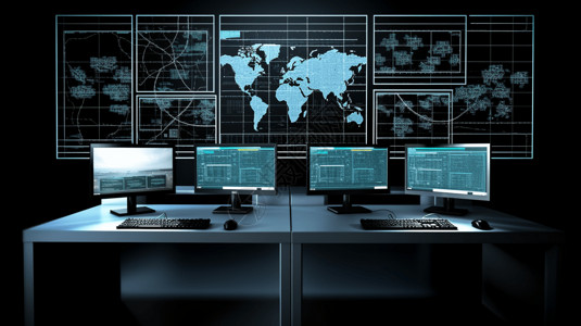 黑色世界地图显示连接了不同设备的计算机屏幕插画