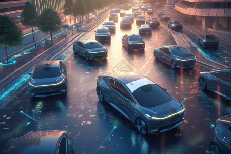 温暖回家路拥挤的城市中的自动驾驶汽车设计图片
