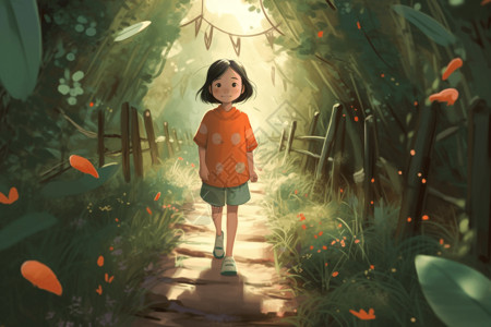 中国小女孩穿越郁郁葱葱的森林图片