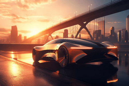 桥上的汽车未来概念汽车日落时行驶插画