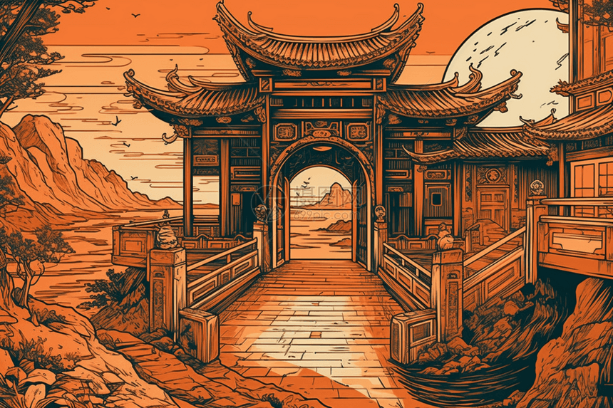 版画风格中国风拱门插图图片