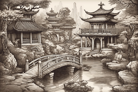 水景素材中国古典园林插画