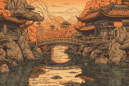 浮世绘风格的小桥流水背景图片