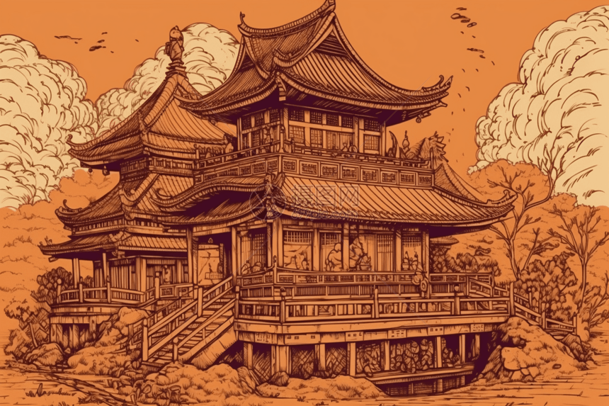 浮世绘风格的中国展馆插图图片