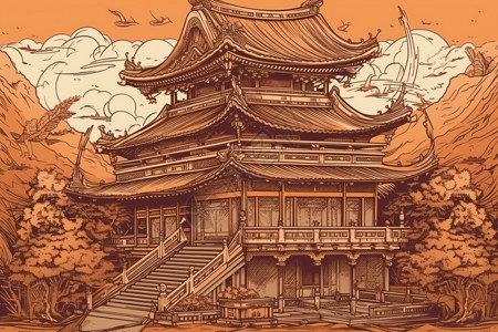 高清纹理中国展馆的复杂插图插画