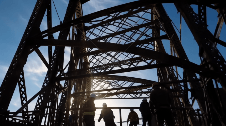 工人组装钢拱桥的钢框架图片