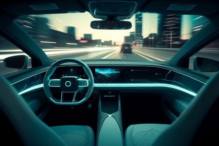 汽车内部科技自动驾驶汽车视角插画