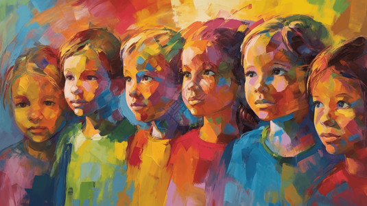 儿童彩色油画棒站成一排的油画儿童插画
