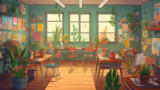 精美家具带有彩色海报的精美教室插画