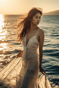 女性超模海边落日照片高清图片