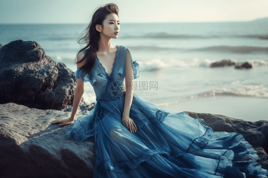 女性超模穿着蓝色连衣裙海边大片图片
