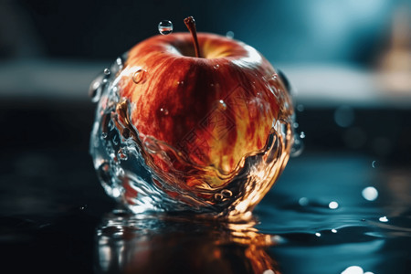 透明玻璃上带水的苹果背景图片