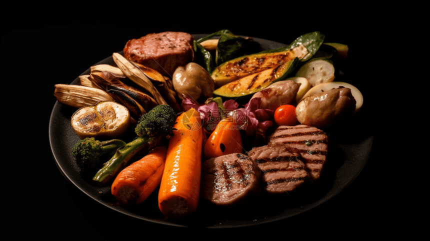 一盘子的烤肉和蔬菜图片