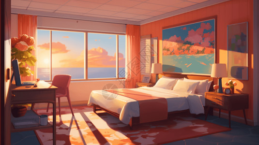 五星级酒店客房明亮的酒店卧室插画