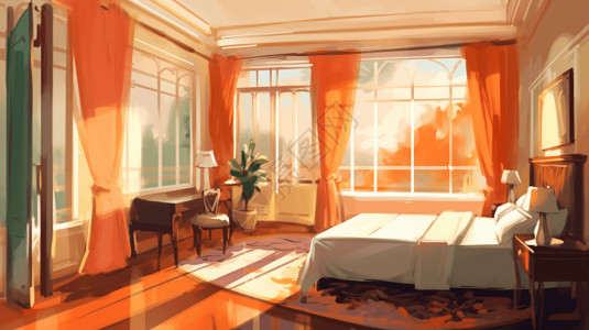 五星级酒店客房明亮通风的酒店卧室插画插画