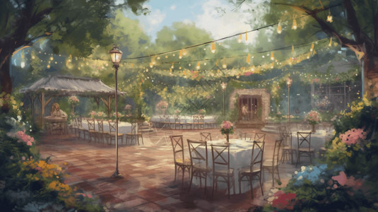 接待桌梦幻的花园婚宴插画