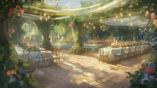 花园婚宴插画图片