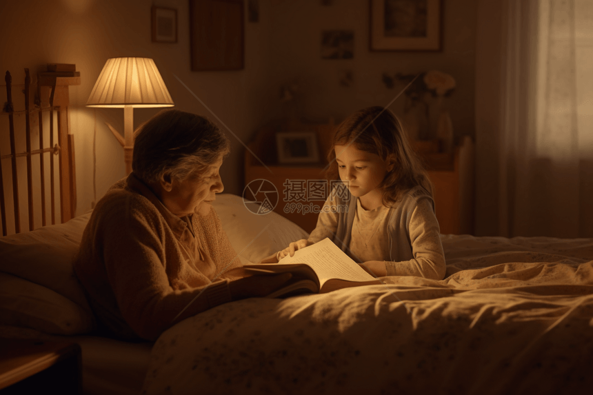 奶奶在床上给孩子读书图片