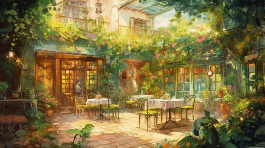 布满新鲜植物花园餐厅背景图片