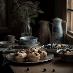 舒适的厨房里配有一盘新鲜的蓝莓松饼和一壶茶。背景图片