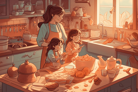 父母和孩子一起烹饪美食背景图片