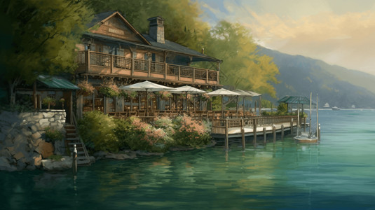 湖水边的餐厅高清图片