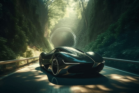 一辆没有徽标的未来派汽车驶过树木隧道高清图片
