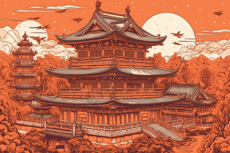 浮世绘风格的中国寺庙高清图片