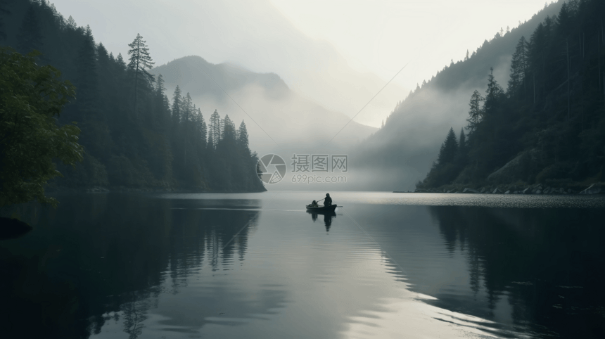 河流中有一个孤独的渔夫图片