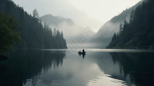 薄雾环绕河流中有一个孤独的渔夫背景