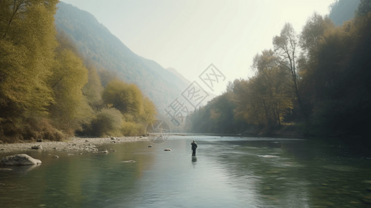 渔民在河里钓鱼高大高清图片素材