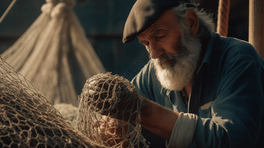 一位渔民清洁渔网捕鱼高清图片素材