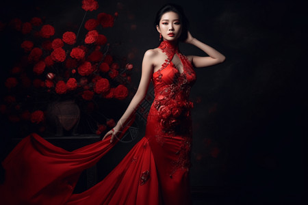 女性超级模特红色连衣裙全身图片图片