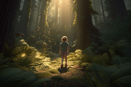 小女孩探索森林图片