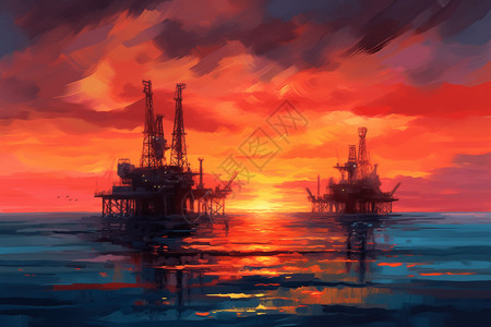 石油钻机日落插画图片