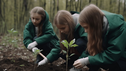 一群小学生在植树背景图片