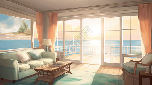 海景窗帘美丽的沿海套房插画