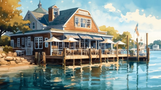 一幅滨水餐厅画作高清图片