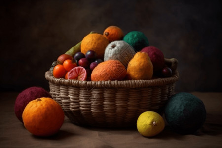 毡制羊毛水果和蔬菜的静物背景图片