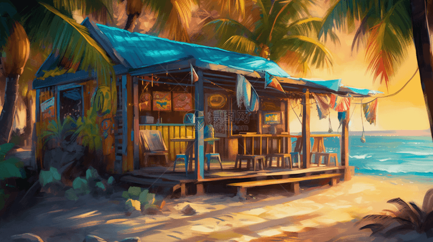 夕阳下的海滩酒吧图片