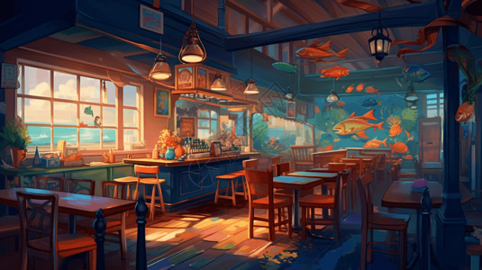 海岸边的海鲜餐厅内部构造背景图片