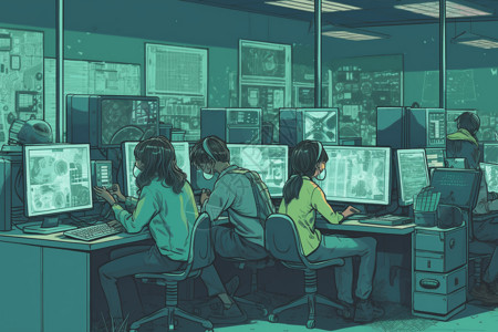 互动教室学生在计算机实验室中进行编程插画