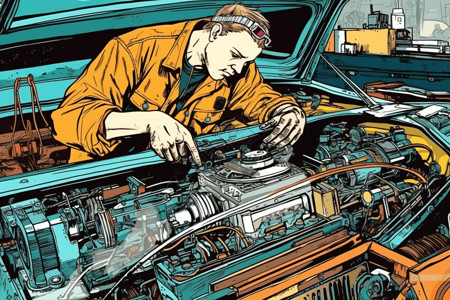 汽车分期服务在汽车变速器上工作的机械师插画