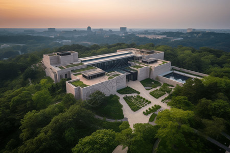 建筑航拍周围环绕着绿色植物的博物馆建筑空中航拍设计图片