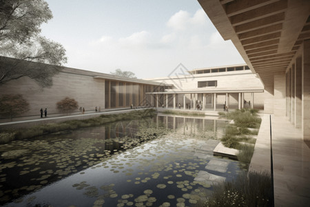 庭院景色有一个宁静的池塘和园林建筑效果图设计图片