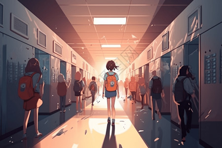 学生在校园拥挤的走廊上行走背景图片