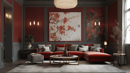 中式客厅沙发中式风格优美客厅插画
