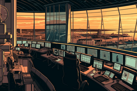 交通全景控制塔的透视图插画