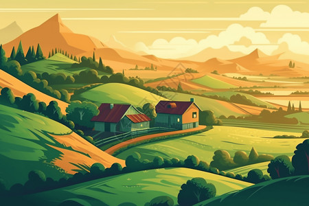村镇起伏的丘陵插画